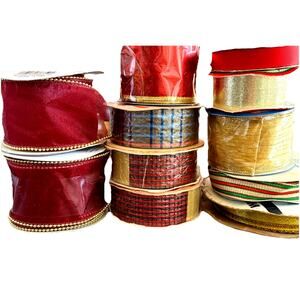 VTG Christmas Holiday Gift Wrapping PLAID Ribbon Rolls RED GOLD Satin Lot 10